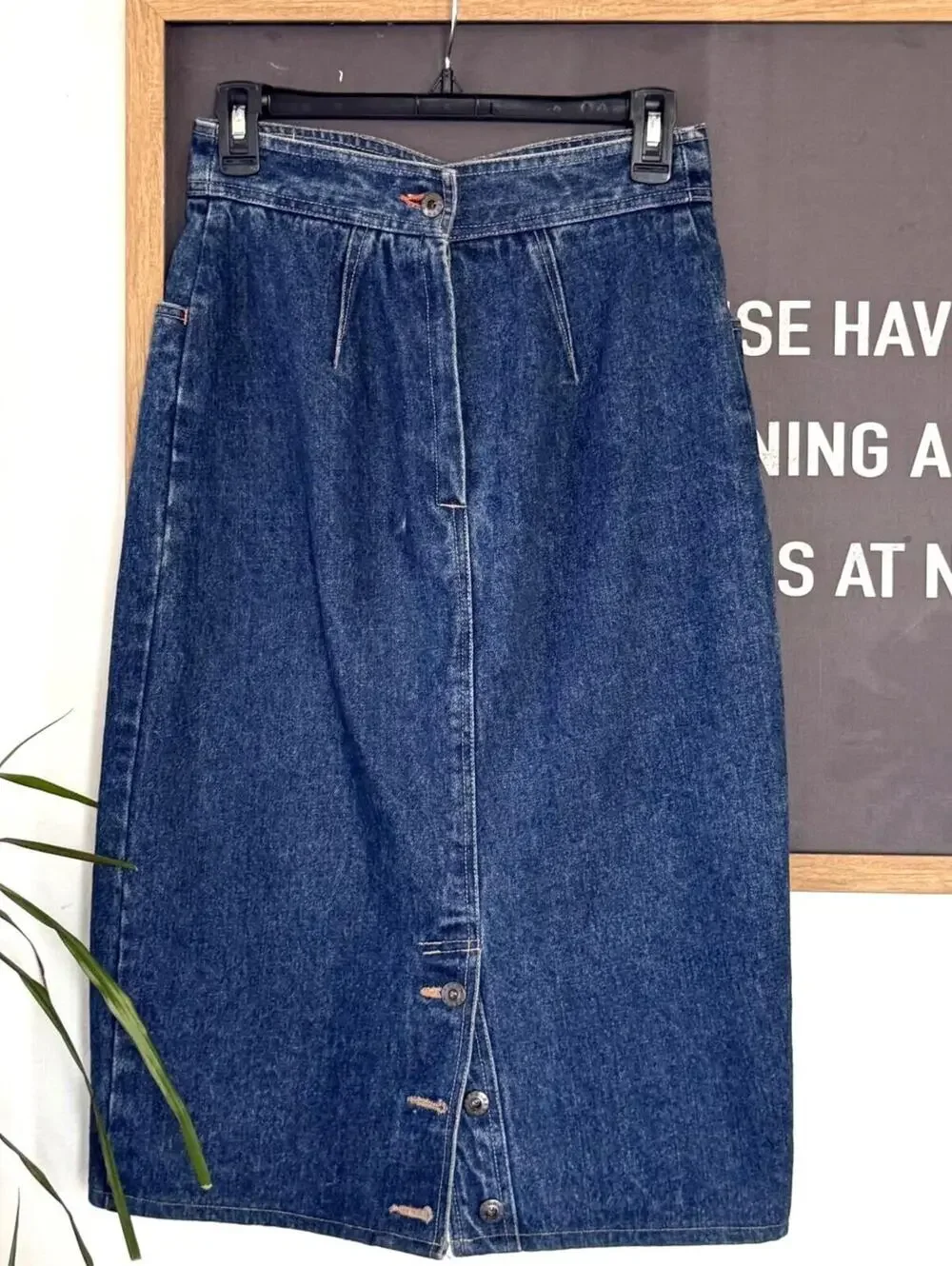 Vintage Pent Retro Denim Midi Skirt High Waist Button Front USA size 9